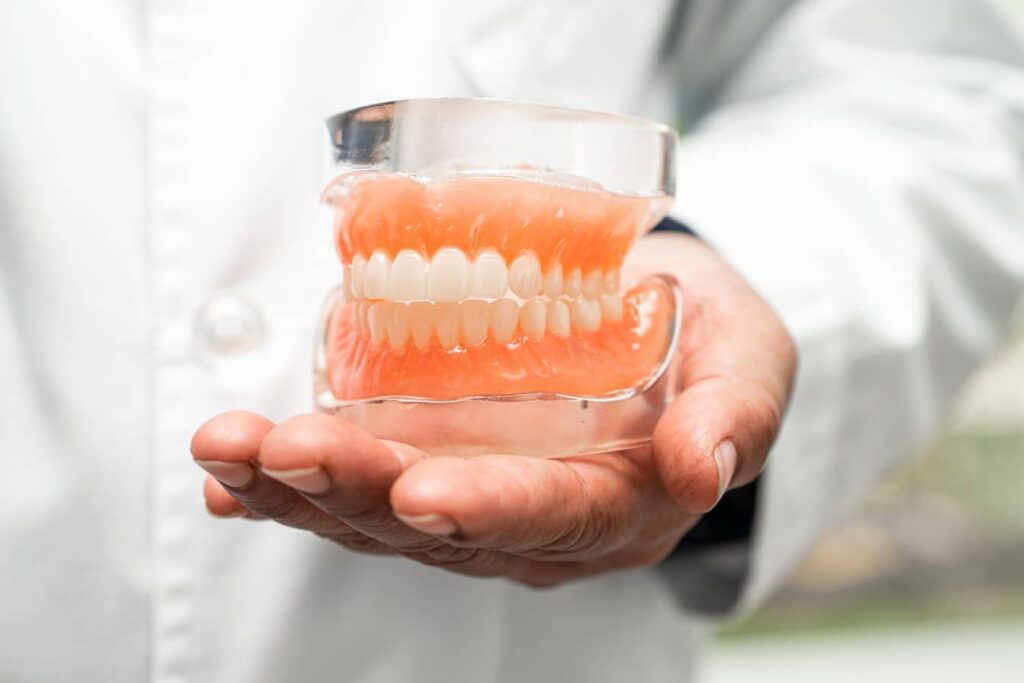 Dentist holding dental denture model representing temporary tooth replacement during bone graft healing before implants.